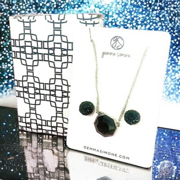 Gemma Simone Black Druzy Earrings and Matching Necklace Set New in Box - Picture 2 of 3